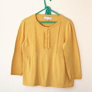 Jones New York Yellow Knit 3/4 Sleeve Sweater Half Button Down Size M